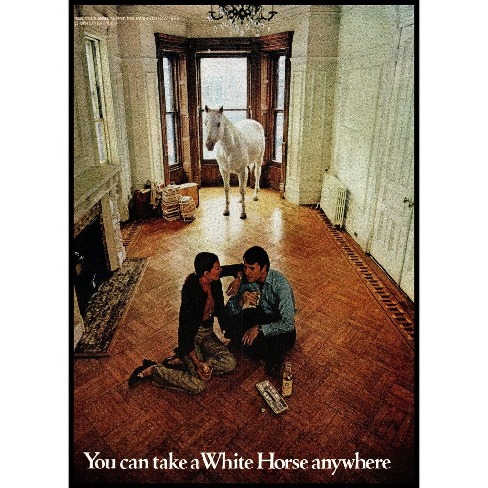 1971 White Horse Scotch Whiskey Vintage Print Ad Victorian House Moving Day Art